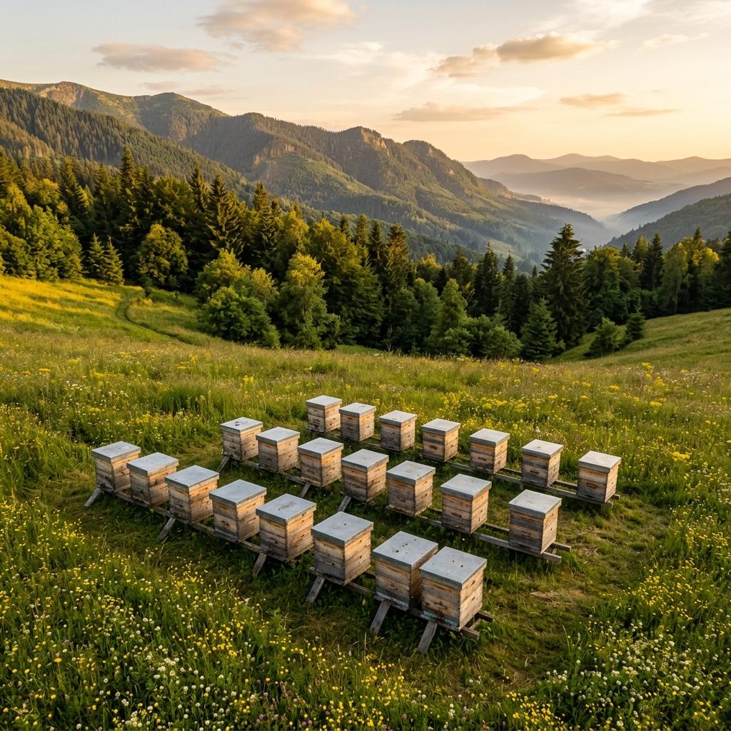 Stupină Bienen Königin la altitudine în Maramureș, peisaj montan și familii de albine