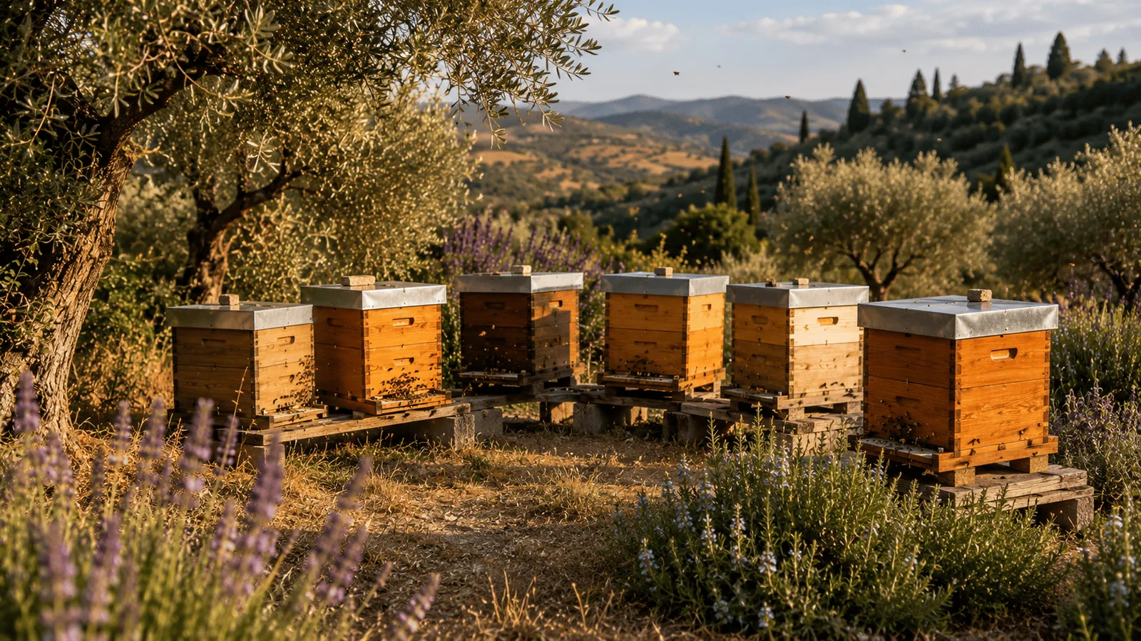 Stupină Buckfast într-un peisaj mediteranean cald, cu măslini și lavandă — climatul în care productivitatea constantă de sfârșit de sezon a Buckfast excelează