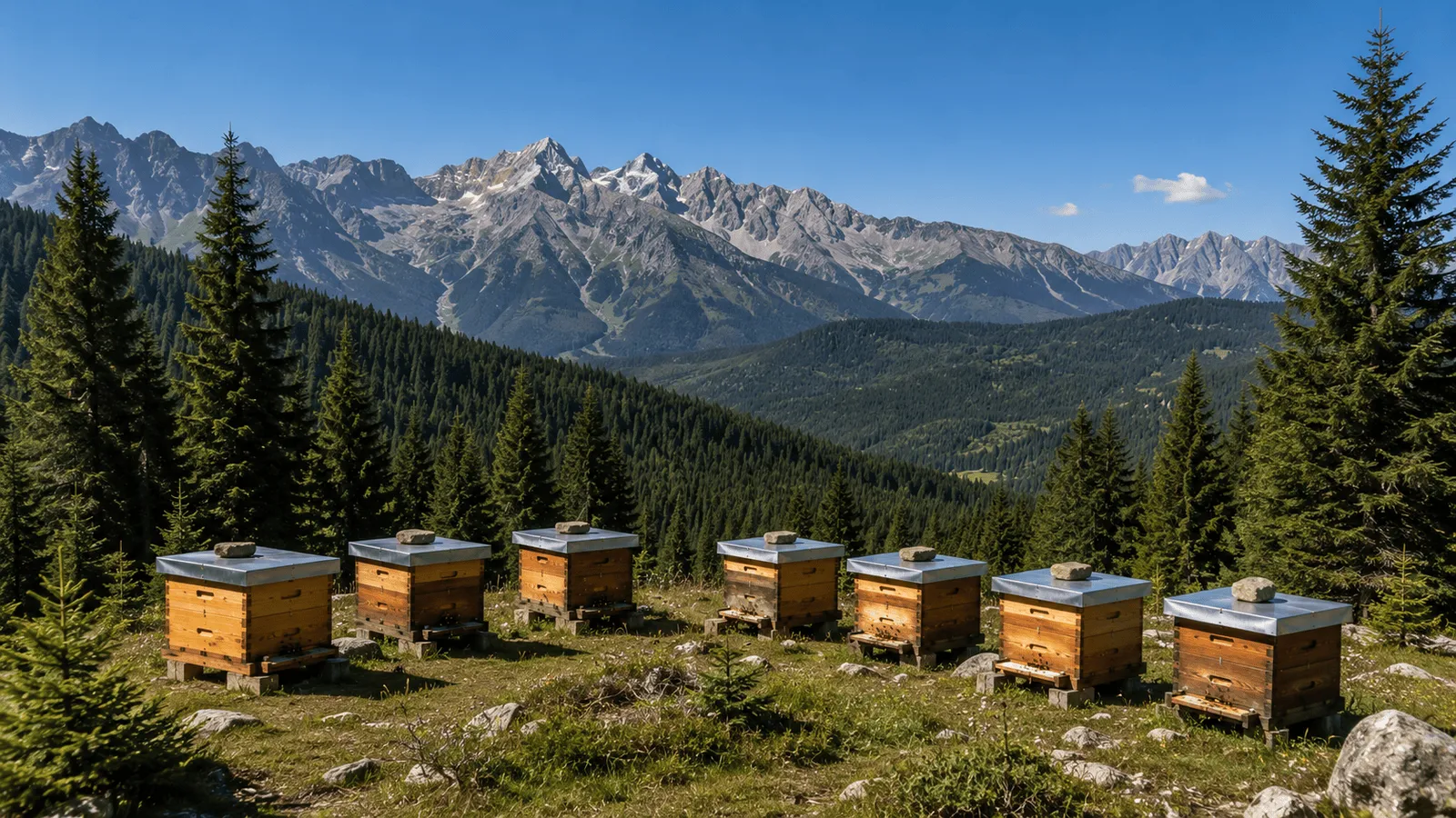Stație de izolare reproductivă completă la altitudine mare — stupi pe o pajiște alpină, înconjurați de vârfuri zimțate și pădure neatinsă, fără locuințe umane vizibile